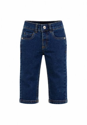 Jeans blu scuro per bambini piccoli con tasche anteriori, passanti per cintura, chiusura con bottone e cuciture arancioni visibili su sfondo bianco.