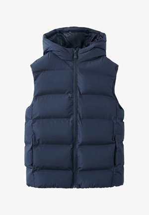 Gilet imbottito senza maniche blu navy con cappuccio, dotato di cerniera centrale e texture trapuntata. Tessuto liscio con finitura morbida.