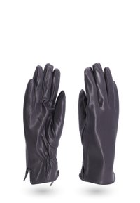 Guanti in pelle nera con una texture liscia, design aderente e dettagli arricciati sui polsi, progettati per calore e aderenza.