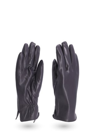Guanti in pelle nera con una texture liscia, design aderente e dettagli arricciati sui polsi, progettati per calore e aderenza.