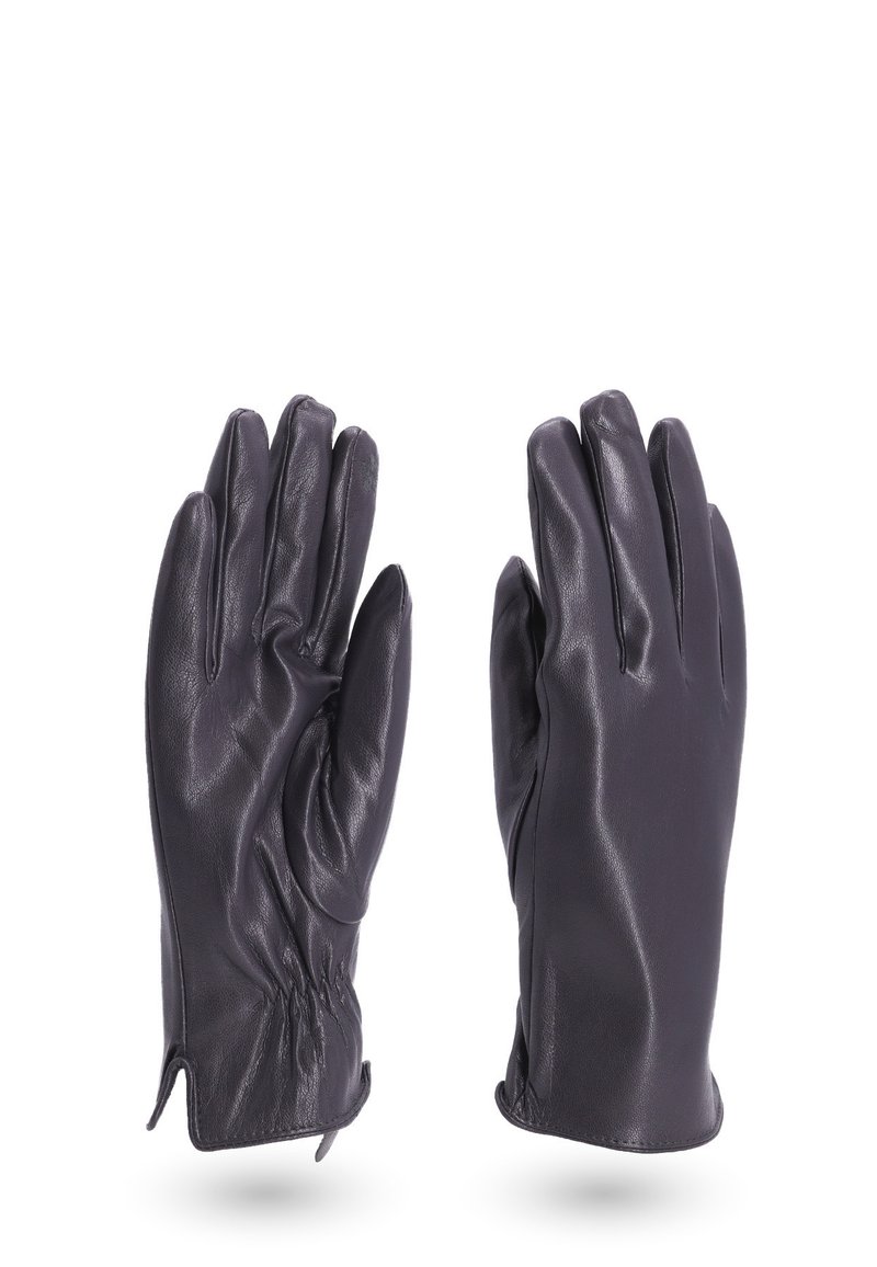 Guanti in pelle nera con una texture liscia, design aderente e dettagli arricciati sui polsi, progettati per calore e aderenza.