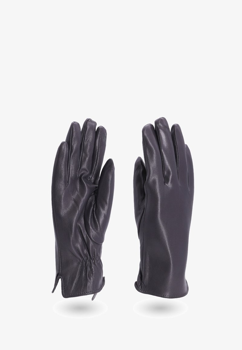 Guanti in pelle nera con una texture liscia, design aderente e dettagli arricciati sui polsi, progettati per calore e aderenza.