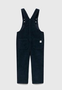Gli overalls in velluto a coste color navy presentano un design a gamba dritta, spalline regolabili con clip e due tasche anteriori. Texture morbida con una finitura resistente.