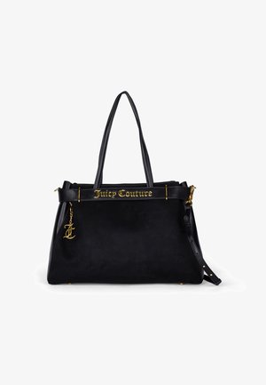 Schwarze Wildleder-Tote-Tasche mit goldenem "Juicy Couture"-Logo, zwei Griffen, einem abnehmbaren Schulterriemen und einem goldenen Charm-Zubehör.