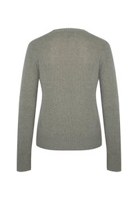 Pull long à manches longues en tricot gris clair avec des poignets et un ourlet côtelés, présenté de dos sur un fond blanc.