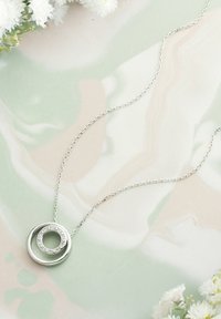 Sömlös silverhalsband med två sammanlänkade cirkulära hängen; den ena är slät och glänsande, medan den andra är prydd med små klara stenar. Kedjan är ömtålig.