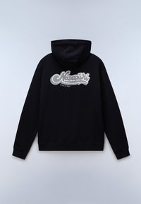 Czarna bluza z kapturem, długie rękawy, na górnej części pleców biały napis "Napapijri Since 1987".