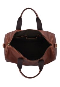 Sac de voyage en cuir marron avec des poignées en tissu foncé, fermeture éclair et poches intérieures. Texture lisse, forme ovale, matérian minimal.