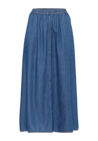 Denim nederdel med elastisk talje, knælængde, i en medium blå vask, med lige snit og subtile teksturer. Syet kantdetalje.