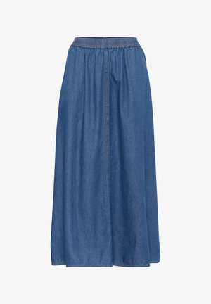 Denim skirt with an elastic waistband, knee-length, in a medium blue wash, featuring a straight cut and subtle texture. Sewn hem detail.