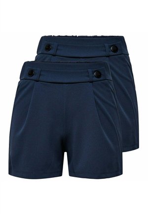 Zwei Paar dunkelblaue High-Waist-Shorts mit Vorderfalten und schwarzen Knöpfen am Bund, übereinander gestapelt.