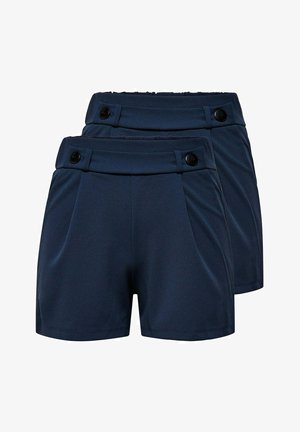 Zwei Paar dunkelblaue High-Waist-Shorts mit Vorderfalten und schwarzen Knöpfen am Bund, übereinander gestapelt.
