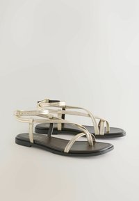 Flade sorte sandaler med tynde metalliske guldstropper og ankelspænder vist mod en lys baggrund.