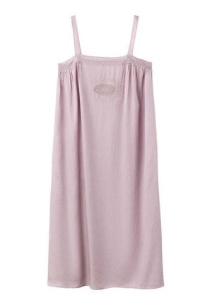 Robe sans manches rose clair avec fines bretelles, avec un tissu froncé et une broderie délicate sur la poitrine.