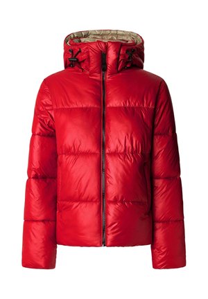 Rode pufferjack met een capuchon, met een glanzende afwerking, ritssluiting en elastische accenten. Gequilte secties zorgen voor textuur en isolatie.