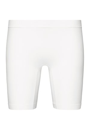 Witte sportshorts gemaakt van een gladde, rekbare stof. Ze hebben een strakke pasvorm, reiken tot halverwege de dijen met een platte tailleband en omgezoomde randen.