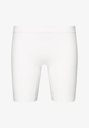 Vita idrottshorts gjorda av slät, stretchig tyg. De har en tajt passform som når mitt på låret med en platt midja och fållade kanter.