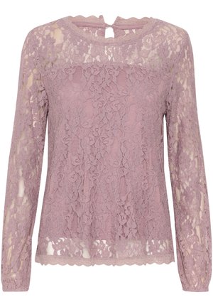 Lace long-sleeve top in light mauve featuring a scalloped hem and neckline, with a keyhole back detail and floral lace pattern.