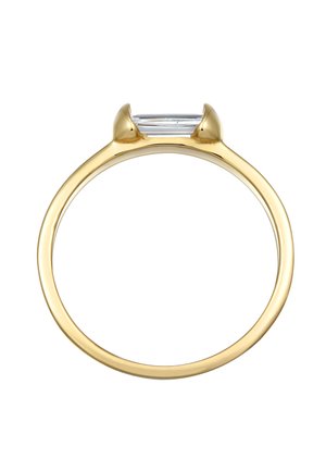 Gold ring featuring a rectangular stone setting with two pointed accents, smooth band, and polished finish. Stone appears clear and angular.