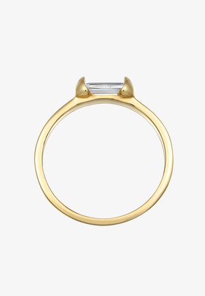 Bague en or avec une fine bande et une pierre claire rectangulaire facettée montée sur une monture à griffes relevées. Finition lisse et polie.