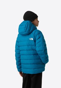 Zöldeskék pufi dzseki kapucnival, steppelt részekkel és fehér logóval a hátoldalán. Fekete kötött sapkával és sötét nadrággal viselve.