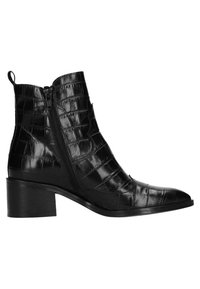 Bottine noire à motif crocodile texturé, fermeture éclair latérale et petit talon bloc. Finition lisse avec une pointe effilée.