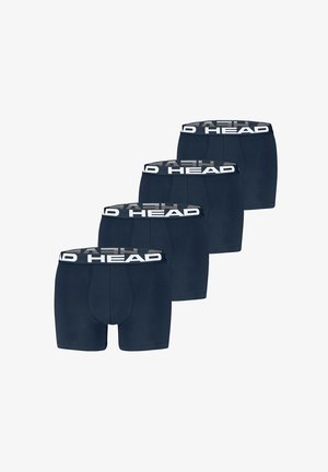Vier marineblaue Herrenboxershorts mit breiten elastischen Bund, auf denen das weiße "HEAD"-Logo prangt, in einer versetzten Reihe angeordnet.