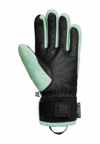 Schwarze Lederhandschuhe mit mintgrünen Akzenten, ausgestattet mit einer strukturierten Handfläche, fünf Fingern und einem sicheren, verstellbaren Riemen am Handgelenk.