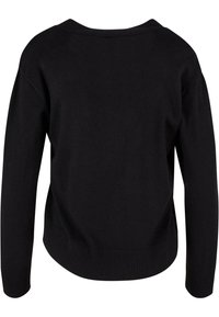 Pull noir à coupe décontractée, avec un décolleté large, des manches longues et des détails côtelés aux poignets et à l'ourlet. Texture lisse.