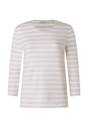 Beige og hvide, vandrette stribede langærmet skjorte med rund halsudskæring og Maerz-mærke indeni kraven.