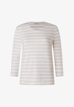 Beige-wit gestreept shirt met lange mouwen en een ronde hals, met horizontale strepen en een Maerz merklabel binnenin de kraag.