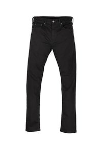 Black denim jeans with a classic fit, five pockets, and metal hardware. Features a smooth texture and straight-leg design.