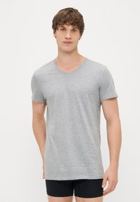 Γκρι μπλούζα v-neck φτιαγμένη από μαλακό βαμβακερό ύφασμα, με κοντά μανίκια, στενή εφαρμογή, λείο υλικό, με απλό σχέδιο και χωρίς επιπλέον μοτίβα.