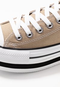 Beige lærredsneaker med hvide snørebånd, metalkomponenter til snørebånd og sort-hvid stribet sål; har en struktureret gummitåhætte og detaljer.