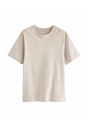 Lys beige bomulds t-shirt med korte ærmer og rund hals. Glat tekstur og enkelt design, med et lille logo ved halsudskæringen.