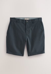 Pantaloni corti blu scuro con una texture liscia, dotati di chiusura a bottone, due tasche frontali e un design classico.
