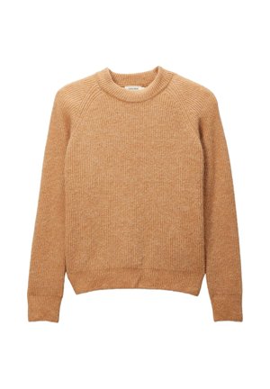 Pull marron à côtes avec un col rond et de longues manches raglan. Texture douce ; taille ajustée pour une apparence soignée.