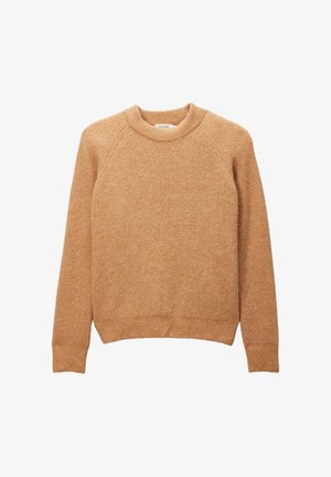 Pull marron à côtes avec un col rond et de longues manches raglan. Texture douce ; taille ajustée pour une apparence soignée.