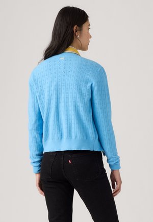 Femme aux longs cheveux foncés, portant un pull en maille bleu clair et un jean noir, debout devant un fond clair uni.