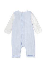 Mono de punto azul con mangas largas blancas, presenta un diseño texturizado y acanalado, botones en la parte posterior y puños enrollados.