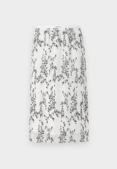 Λευκή πλισέ φούστα με μαύρη κεντητική λουλουδιών, με άνετη μέση και μήκος μέχρι το γόνατο. Ελαφρύ, διάφανο ύφασμα.