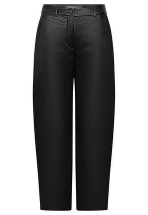 High-waist black faux leather pants with belt loops, button closure, and a slightly tapered straight leg design.
