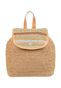 Woven straw backpack with a patterned fabric flap in shades of brown, green, and blue, featuring a leather handle and a rounded shape.