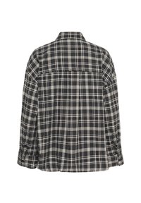 Black and beige plaid long-sleeve shirt shown from the back with buttoned cuffs and a relaxed fit.