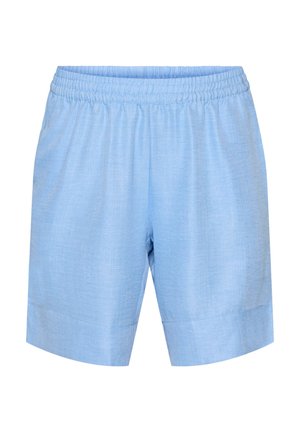 Pantalones cortos casual de color azul claro con cintura elástica y dobladillo ancho, hechos de tela ligera.