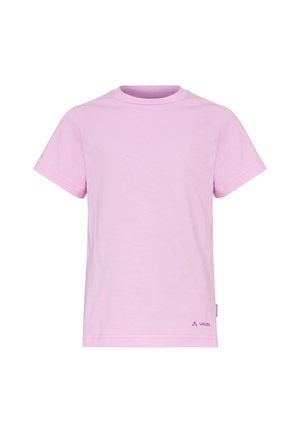 T-shirt in cotone rosa chiaro a maniche corte con scollo a girocollo e piccolo logo VAUDE vicino all'orlo inferiore sul lato destro anteriore.