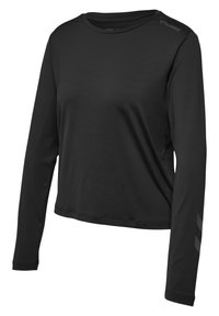 Sort langærmet træningsshirt med rund halsudskæring, glat tekstur og tre chevron-striber på den venstre ærme. Letvægtsstof.