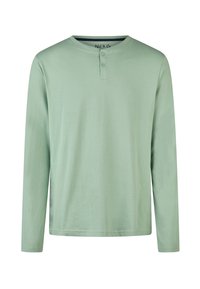 Lichtgroene henley shirt met lange mouwen, voorzien van twee knopen en een ronde halslijn, van effen stof, zonder zichtbare patronen of logo's.