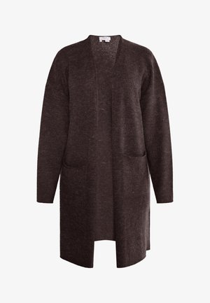 Długi kardigan z otwartym przodem w ciemnobrązowym dzianinie z dwiema przednimi kieszeniami. Posiada luźny krój oraz długie, lekko zwężane rękawy.