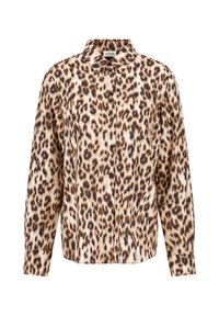 Leopardmønstret skjorte med knaplukning i et glat stof, med spidse kraver, lange ærmer og mørke knapper mod en lys baggrund.